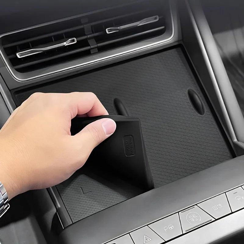 Black textured TPE car center console tray liner for BYD aftermarket protection.