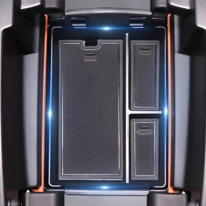 Black textured anti-slip silicone center console tray liners for BYD interior protection.