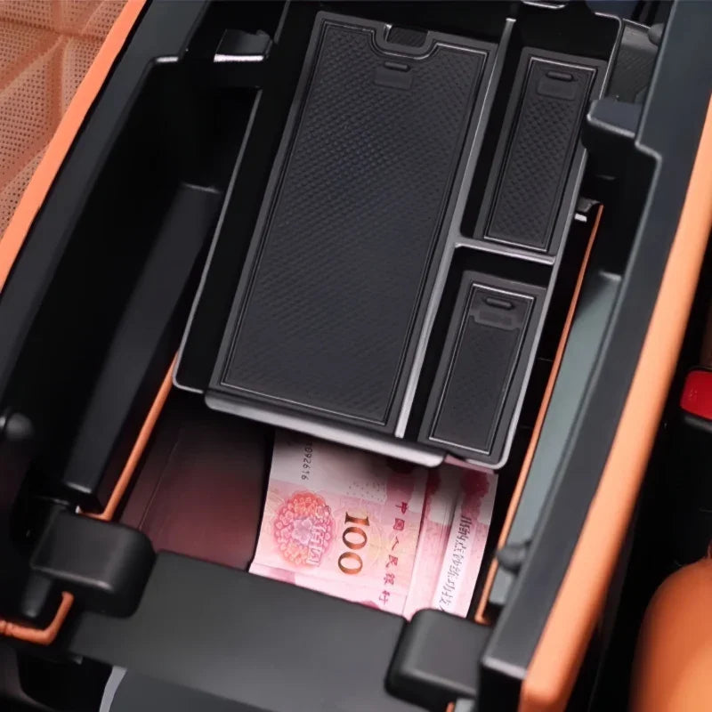 Black textured organizer tray for BYD center console, featuring a multi-compartment design.