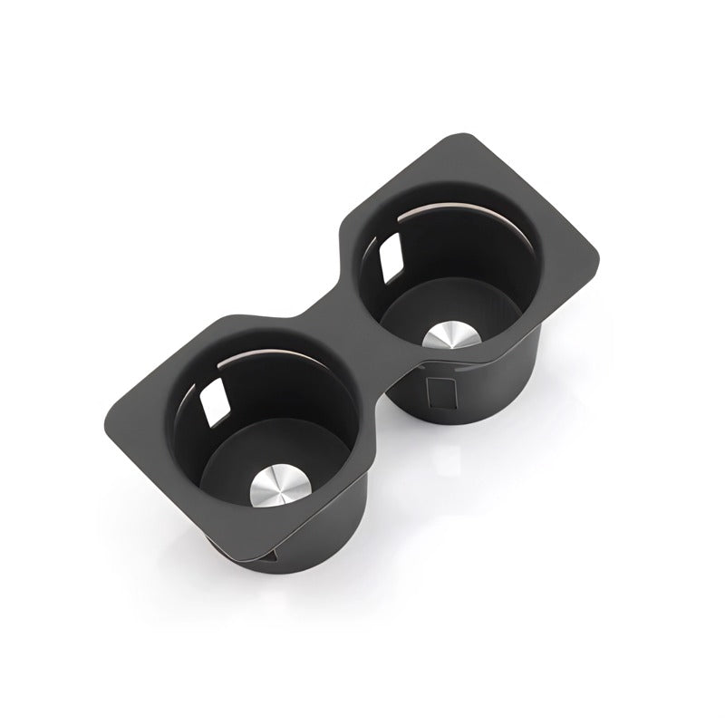 Professional black matte plastic dual car cup holder insert with silver base accents