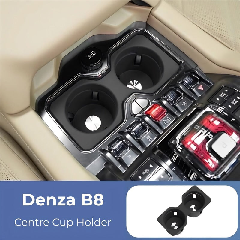 Denza B8 centre cup holder in glossy black finish, featuring a dual-cup design.