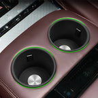 Black car cup holder inserts with vibrant green trim for BYD interior protection.