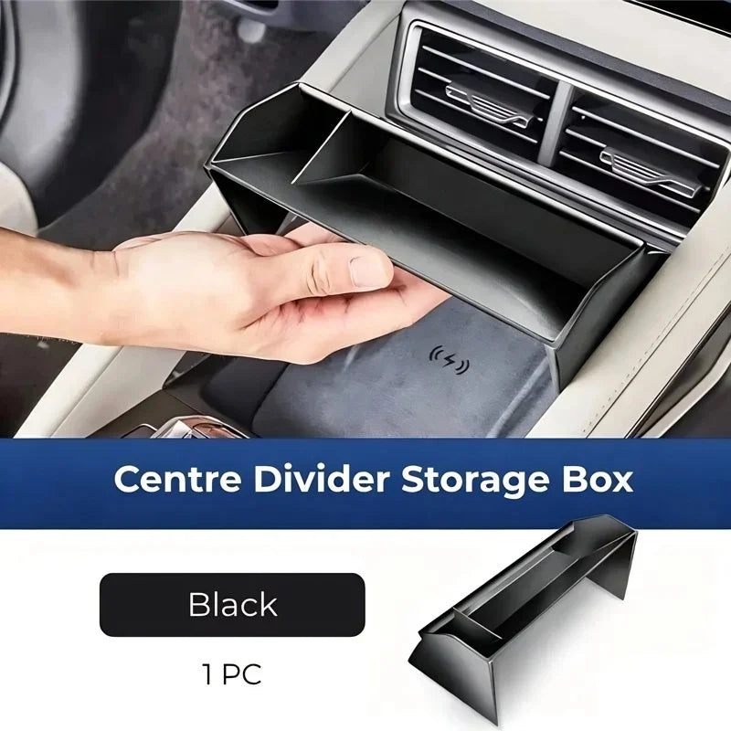 Black matte center divider storage box for car console to organize small items.
