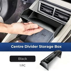 Black matte center divider storage box for car console to organize small items.
