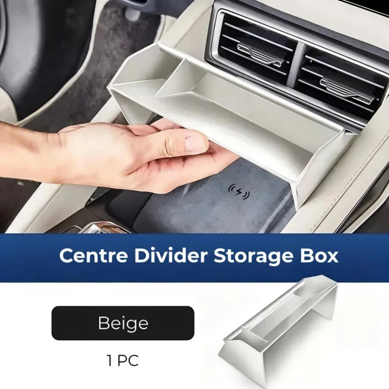 Beige center divider storage box for car console, made of durable material for organized storage.