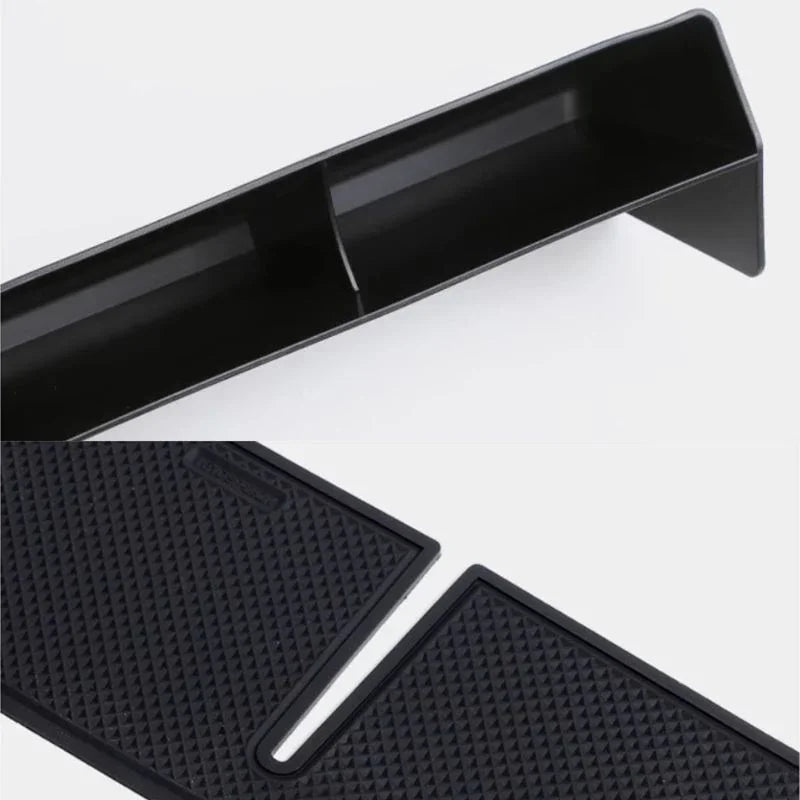 Black textured anti-slip silicone tray and organizer for car interior protection.