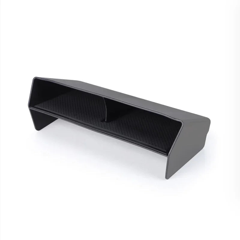 Black textured non-slip car console organizer tray for BYD interior storage.