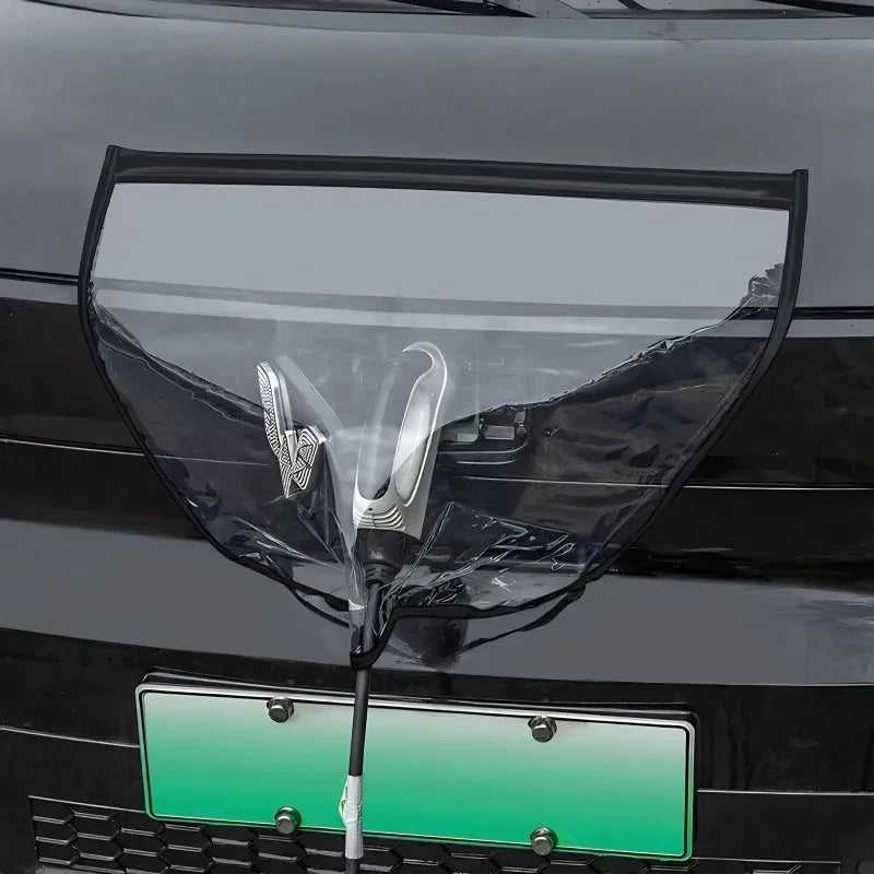 Transparent waterproof charging port cover for electric vehicles, protecting the socket from rain.