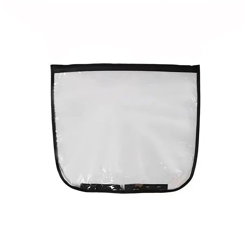 Clear transparent PVC seat back protector with durable black trim for car interior protection.