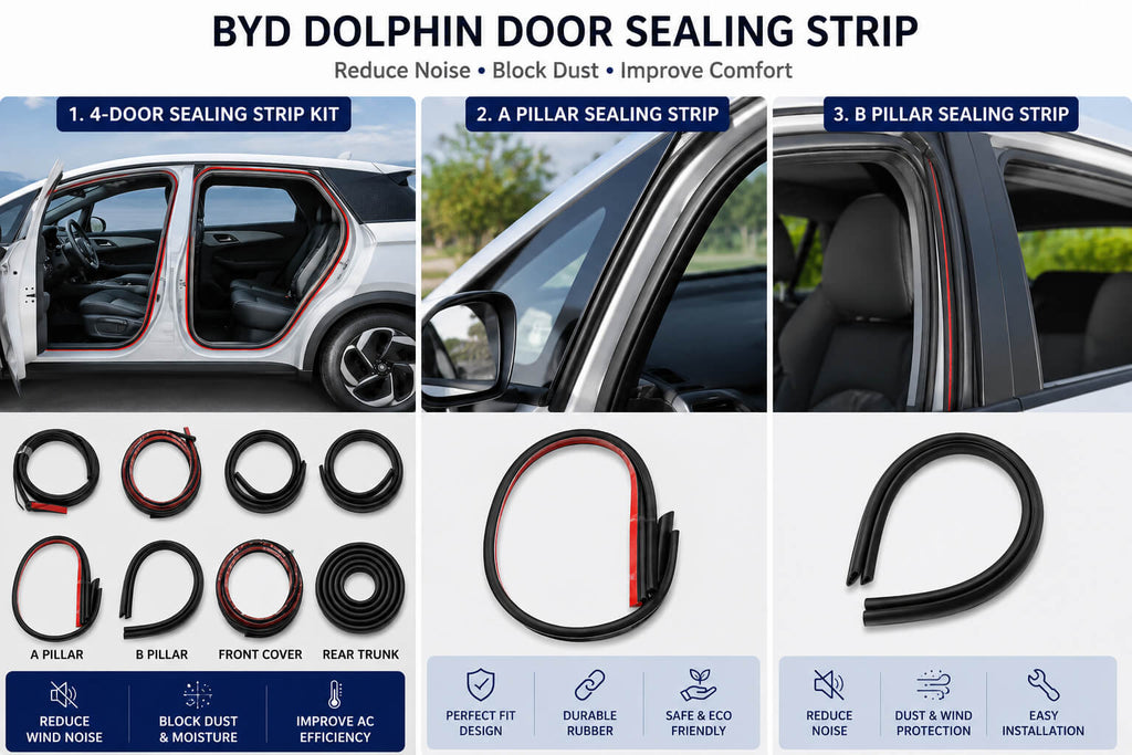 BYD Dolphin door sealing strip comparison showing 4-door kit, A pillar, and B pillar rubber weather seals.