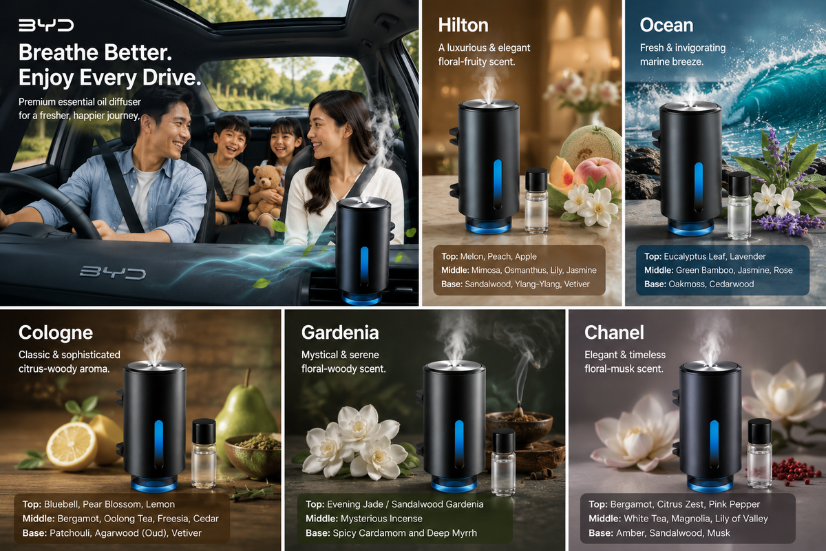 Premium car air freshener fragrance collection featuring Hilton, Ocean, Cologne, Gardenia, and Chanel-inspired scents for a fresh and elegant driving experience.