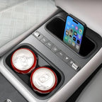 Grey center console organizer with dual cup holders and a smartphone slot.