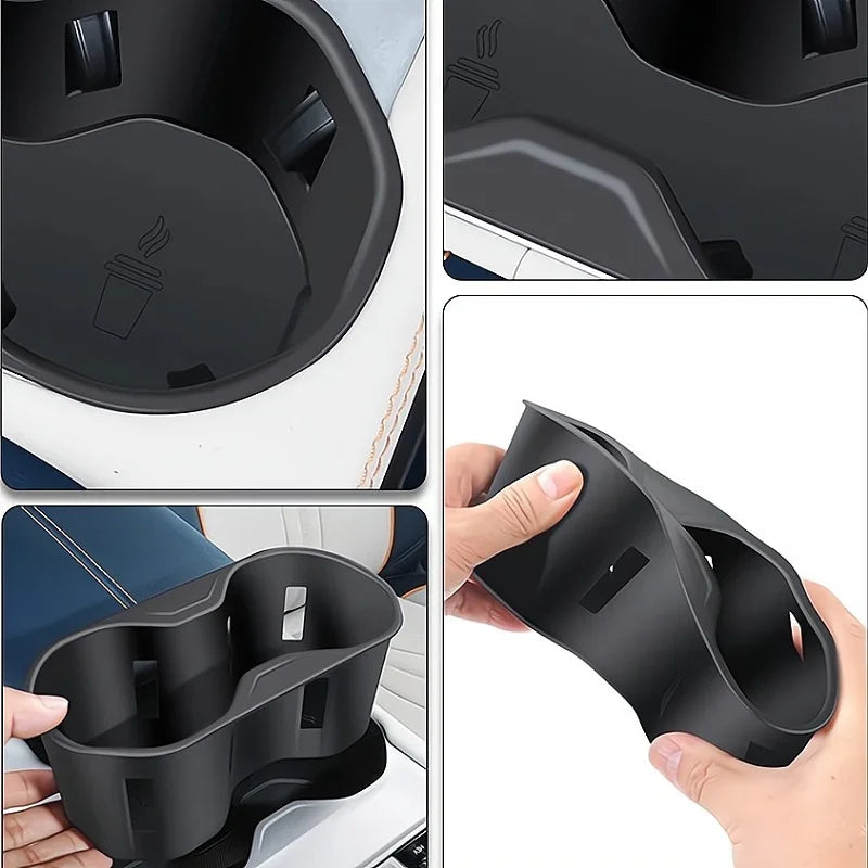 Matte black durable plastic car center console organizer with dual cup holder compartments.