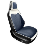 Premium blue and white two-tone leather car seat with perforated texture and DESIGN emblem.