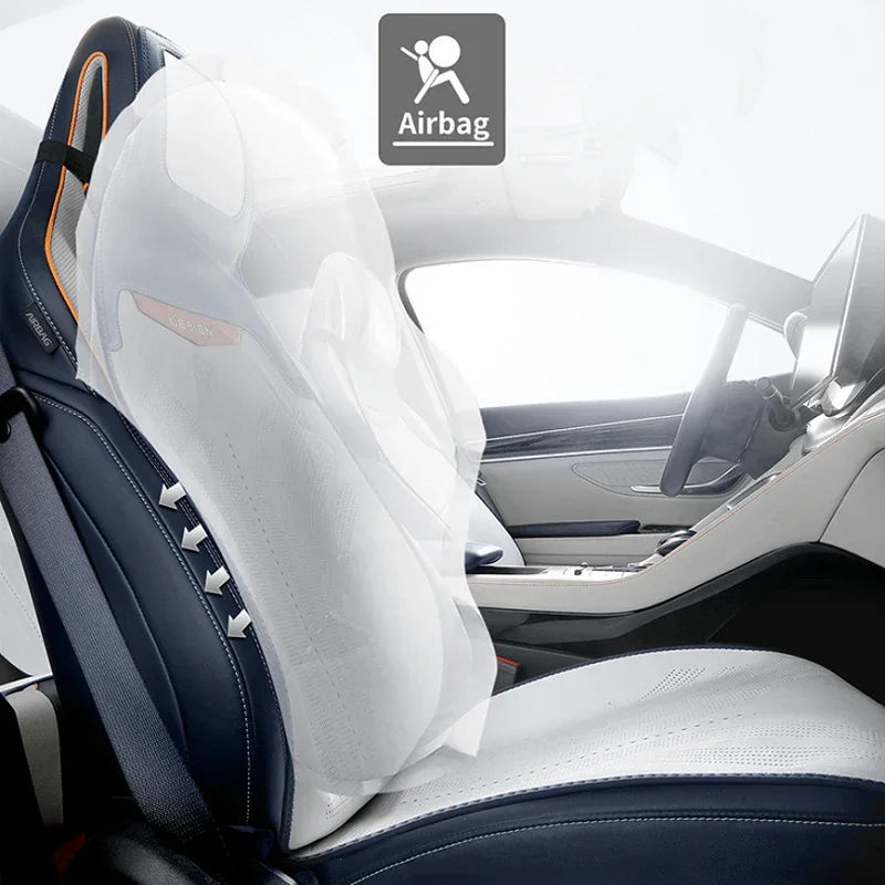 White perforated leather car seat cover with integrated side airbag protection design.