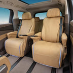 Premium tan leather car seat covers with diamond stitching and integrated LED ambient lighting.