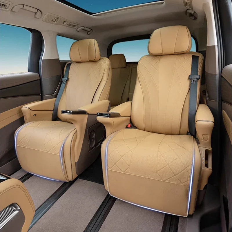 Premium tan leather car seat covers with diamond stitching and integrated LED ambient lighting.
