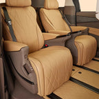 Luxury tan leather car seat covers with diamond quilted stitching for premium interior protection