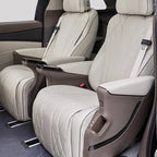 Luxury cream-colored quilted leather car seat covers with brown accents for enhanced interior comfort.