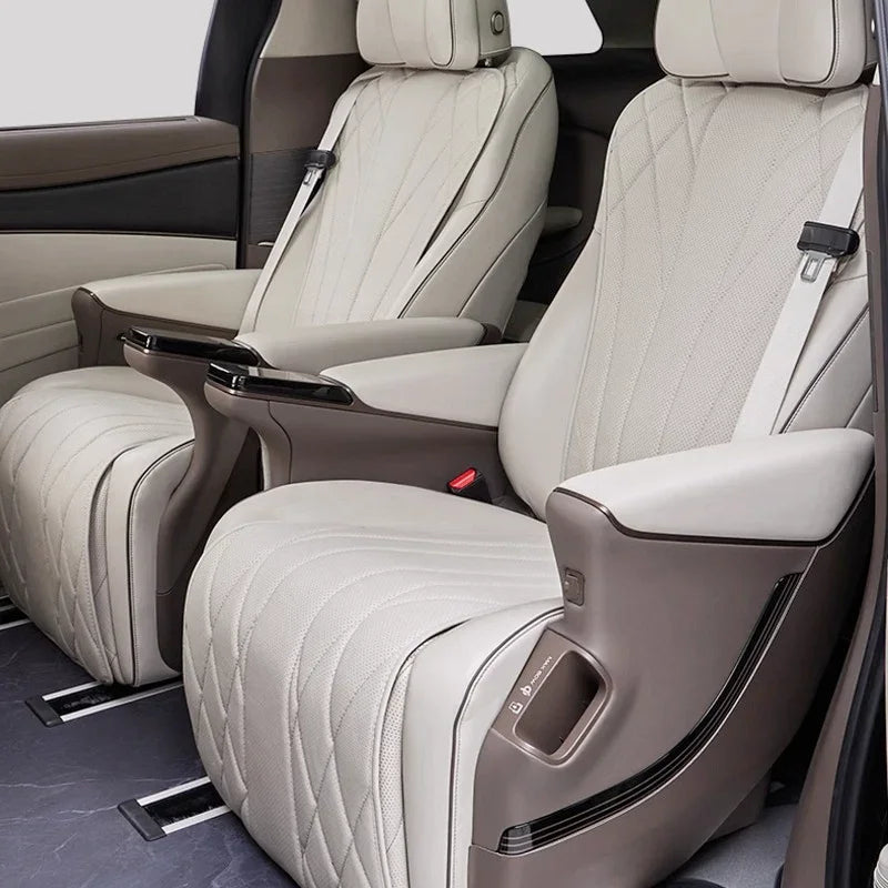 Luxury cream-colored quilted leather car seat covers with brown accents for enhanced interior comfort.