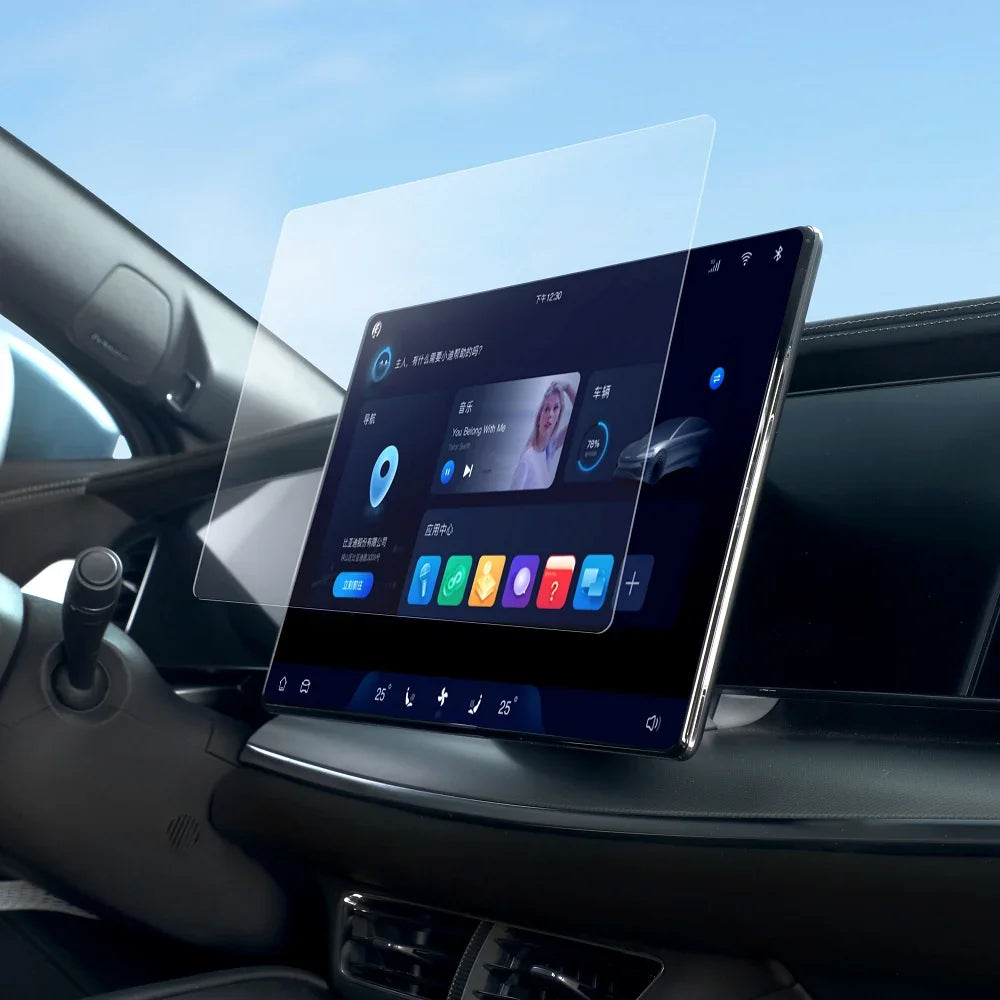 Clear tempered glass screen protector for BYD car infotainment system dashboard.
