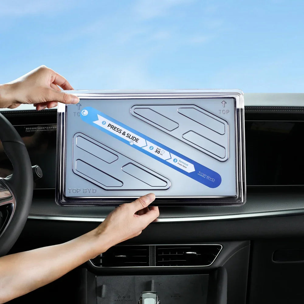 Clear TPU protective screen cover for BYD dashboard display with easy press and slide installation.