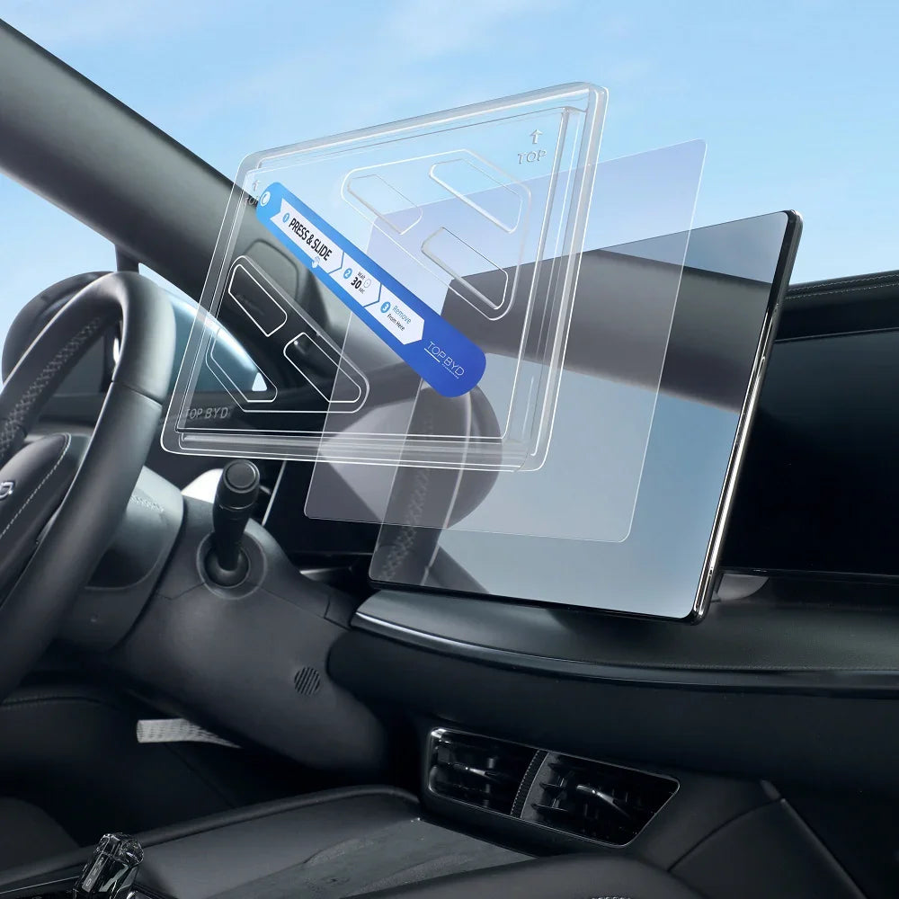 Clear tempered glass screen protector for BYD car infotainment system with easy press & slide install.