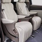 Premium beige quilted leather rear passenger seats in a luxury vehicle interior.