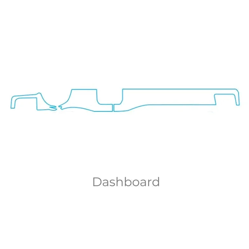 Blue line art outline of a custom-fit dashboard protector template.