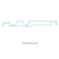 Blue line art outline of a custom-fit dashboard protector template.