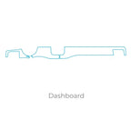 Blue line art outline of a custom-fit dashboard protector template.