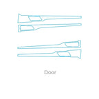 Blue line diagram showing door trim panel shapes for vehicle interior protection.
