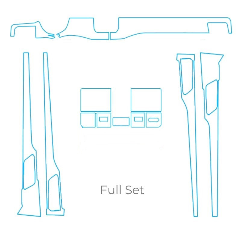 Blue outline diagram of a full set of custom-fit interior trim protective covers.