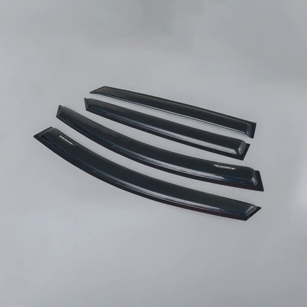 Set of four glossy black plastic car window rain guards and wind deflectors