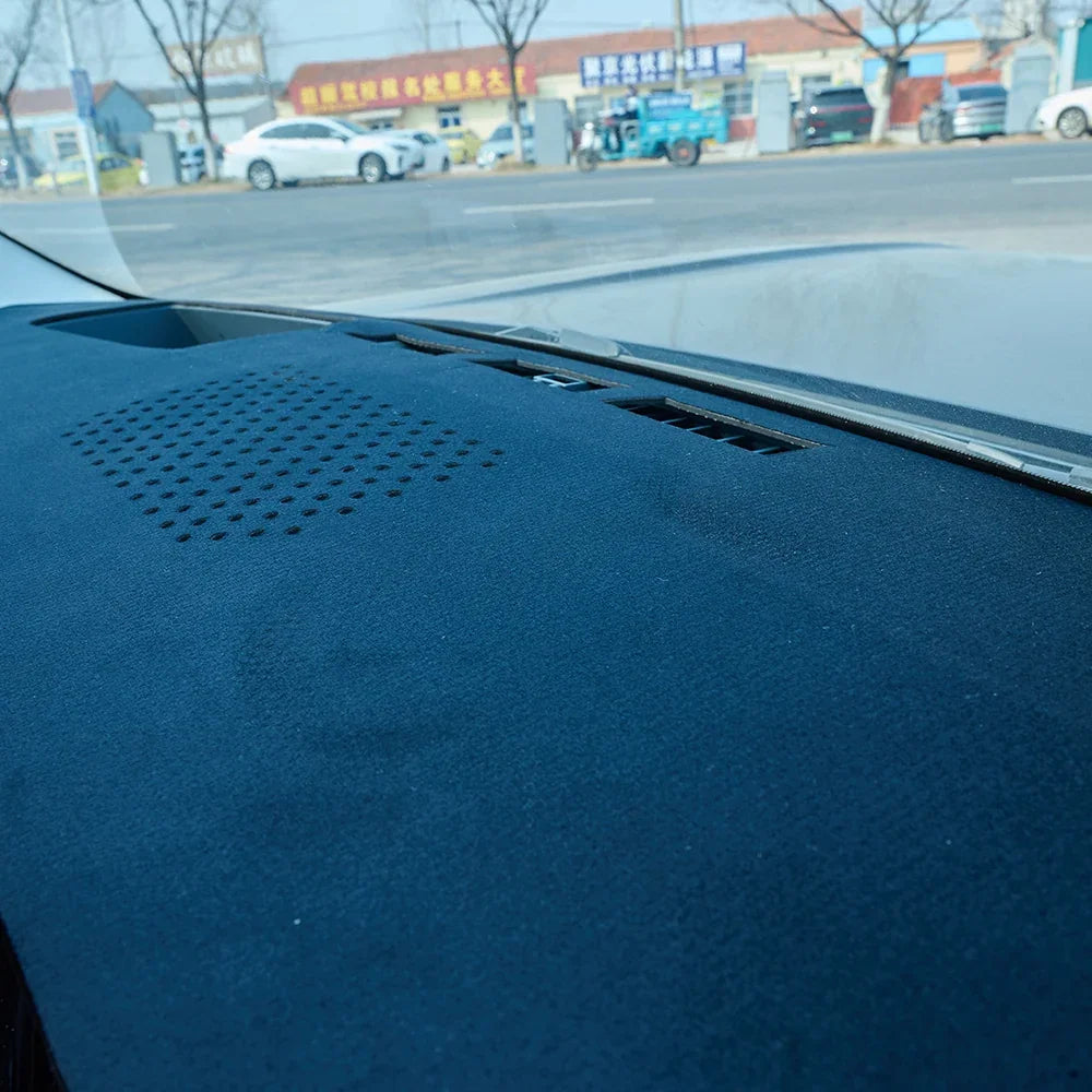 Professional black suede anti-glare dashboard cover for car interior protection.