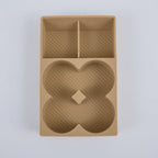 Tan TPE car center console organizer with unique clover-shaped compartment and ribbed texture.