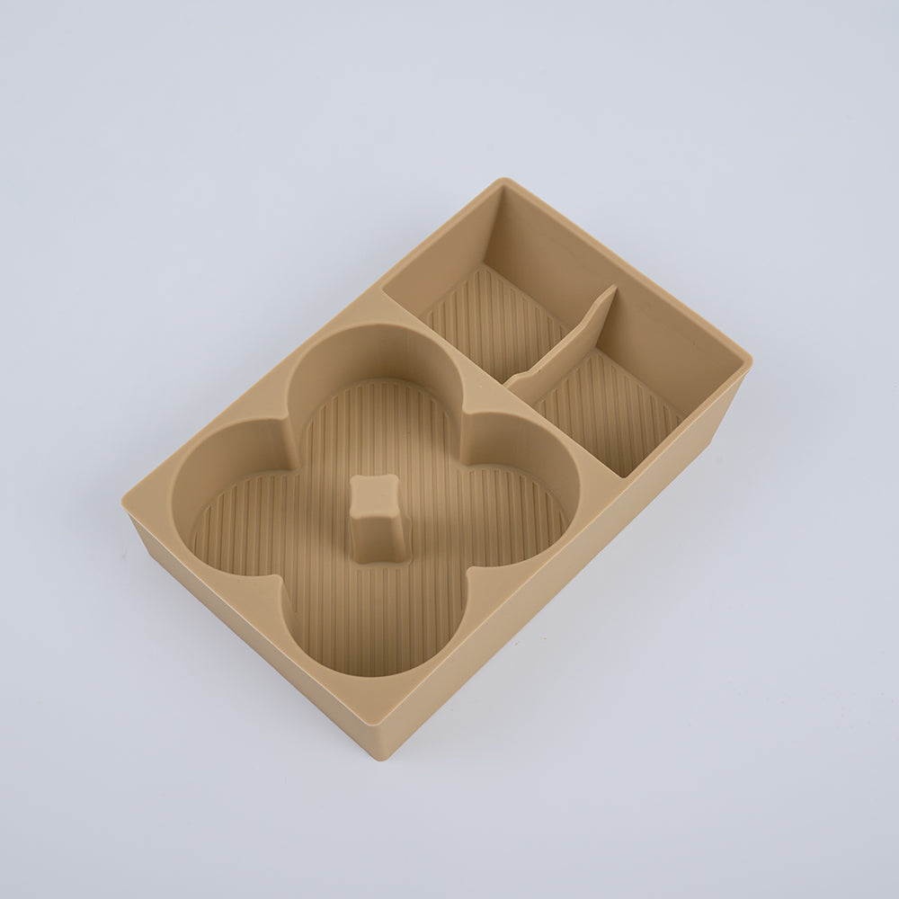 Tan beige multi-compartment silicone car organizer tray with ribbed texture.
