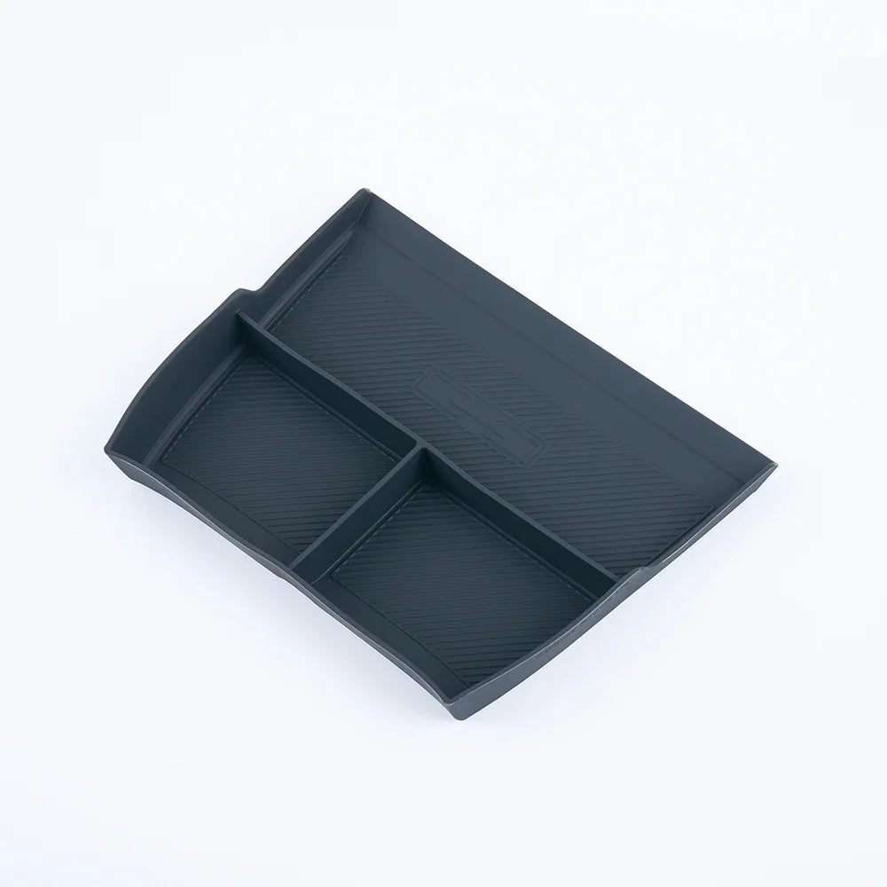 Dark grey durable rubber center console organizer tray with divided compartments