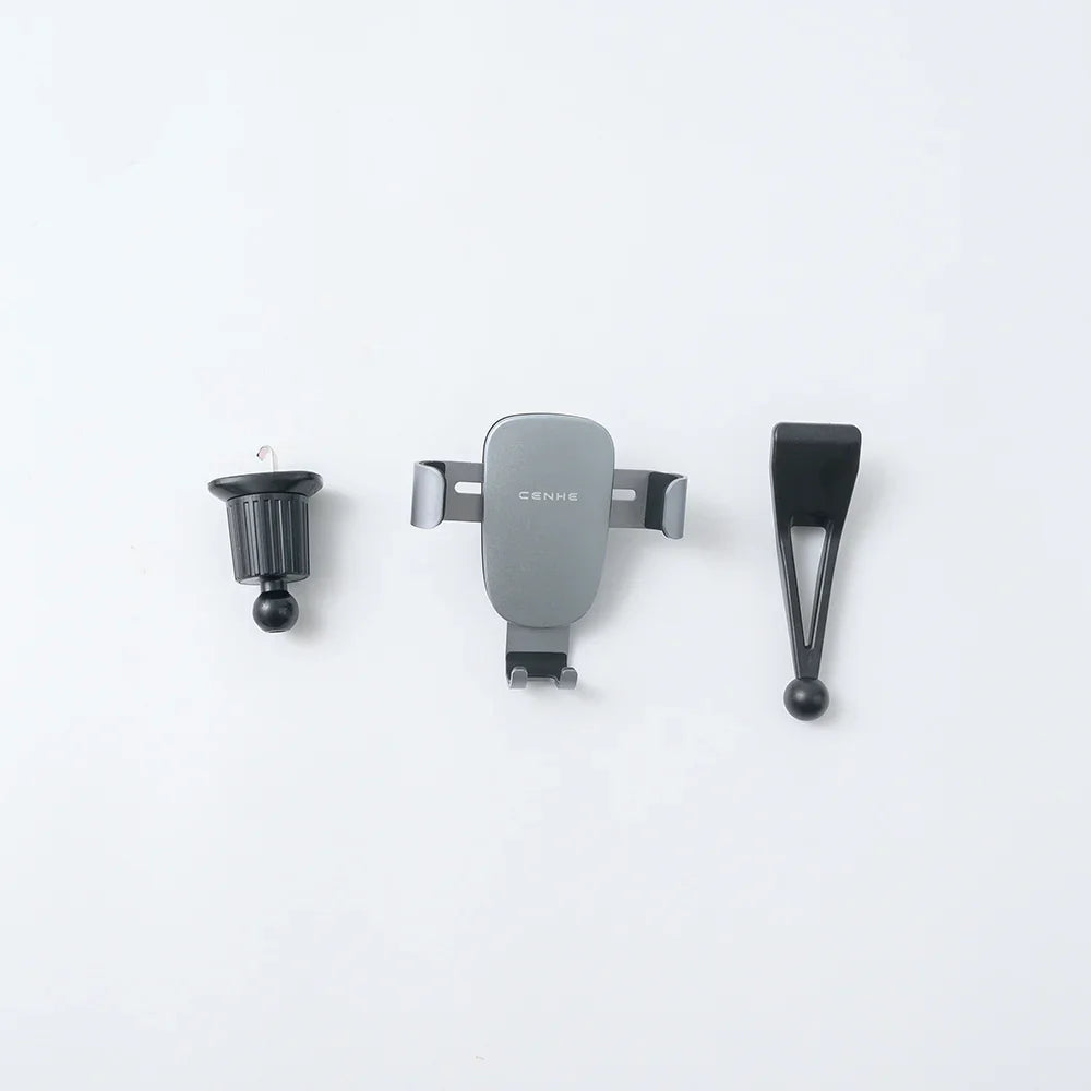 Grey matte plastic car air vent mount kit with adjustable ball joint and clip components.