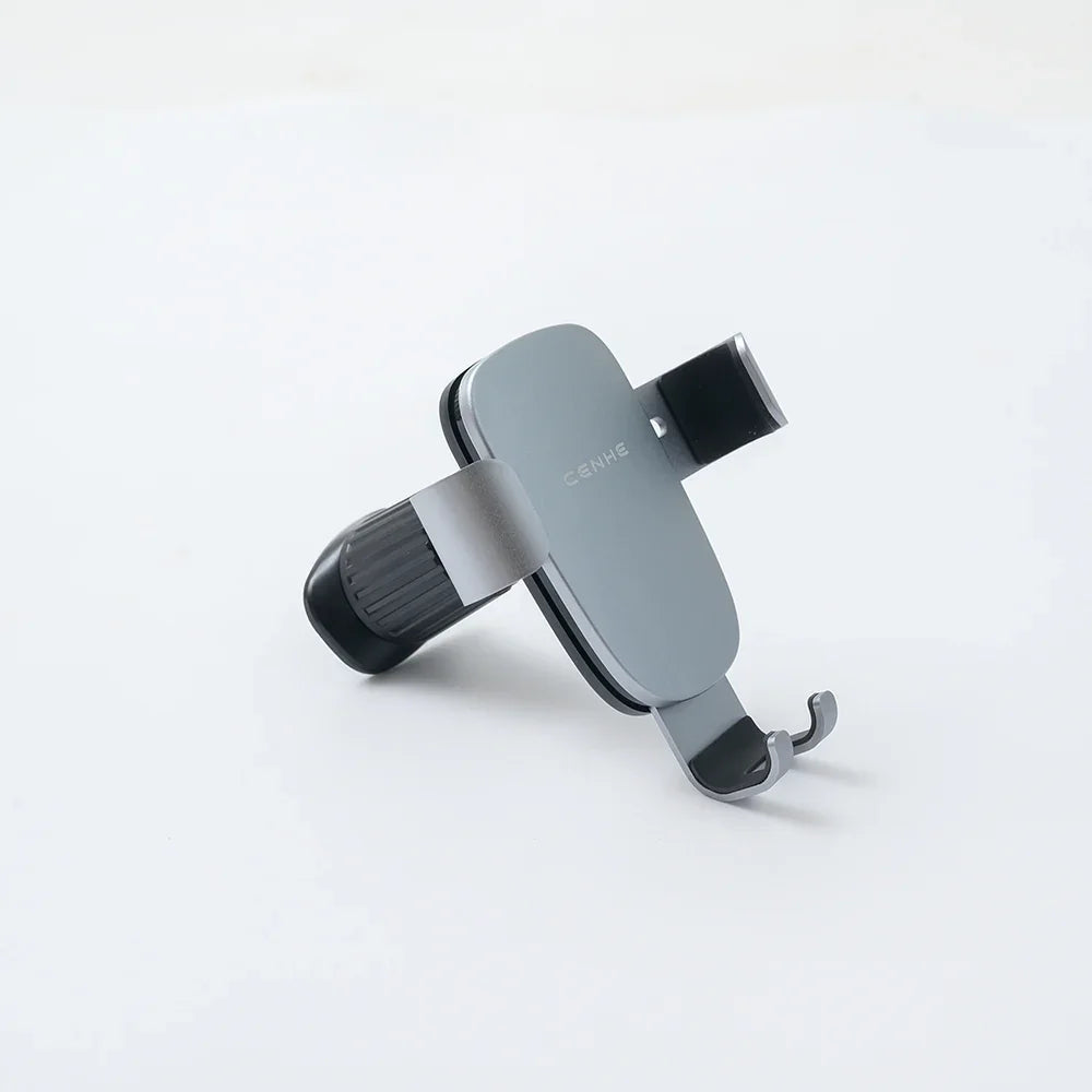 Sleek grey matte metallic car phone holder with adjustable silicone-grip arms.
