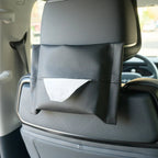 Black leather car seat back organizer with a white tissue dispenser for BYD accessories.
