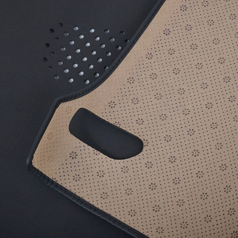 Premium black and beige two-tone faux leather car floor mat with perforated texture.