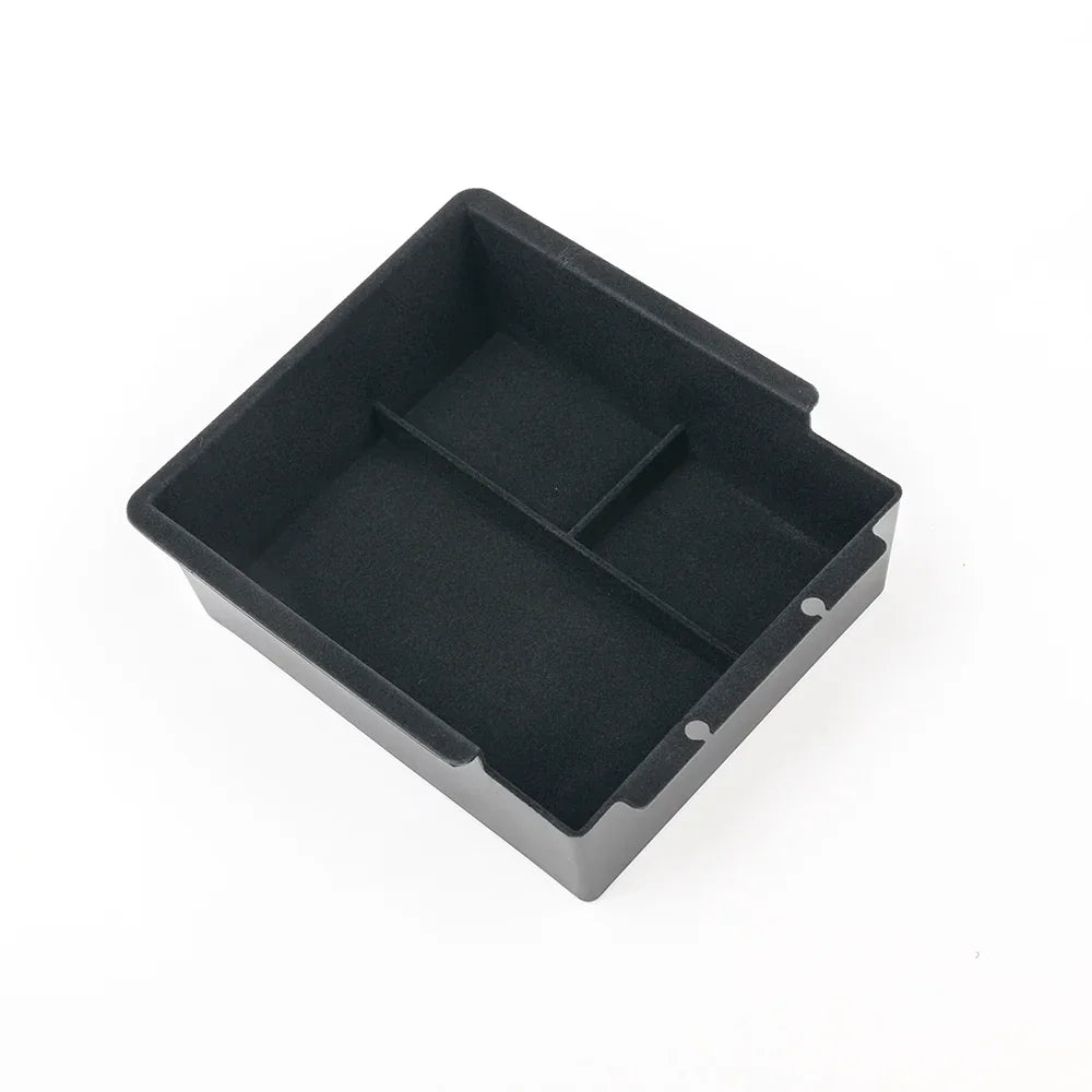 Black velvet-lined car center console organizer tray for BYD aftermarket storage.