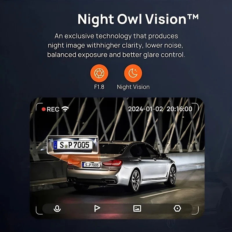 Night Owl Vision dashcam technology showing high-clarity night footage of a silver car.