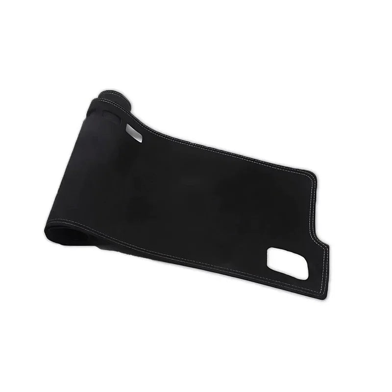 Premium black leather car seat cover with white contrast stitching and ergonomic cutouts.