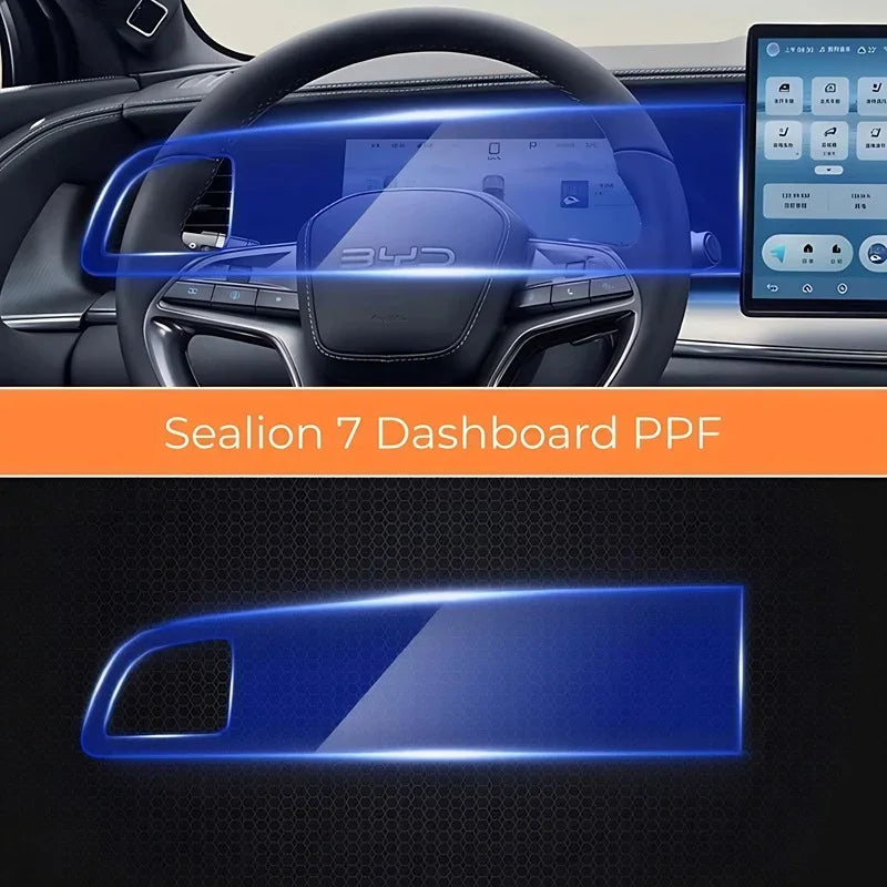 Blue-tinted protective PPF film for Sealion 7 dashboard trim, ensuring a scratch-resistant finish.