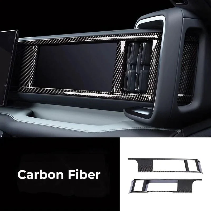 Black carbon fiber dashboard trim kit for BYD interior enhancement.