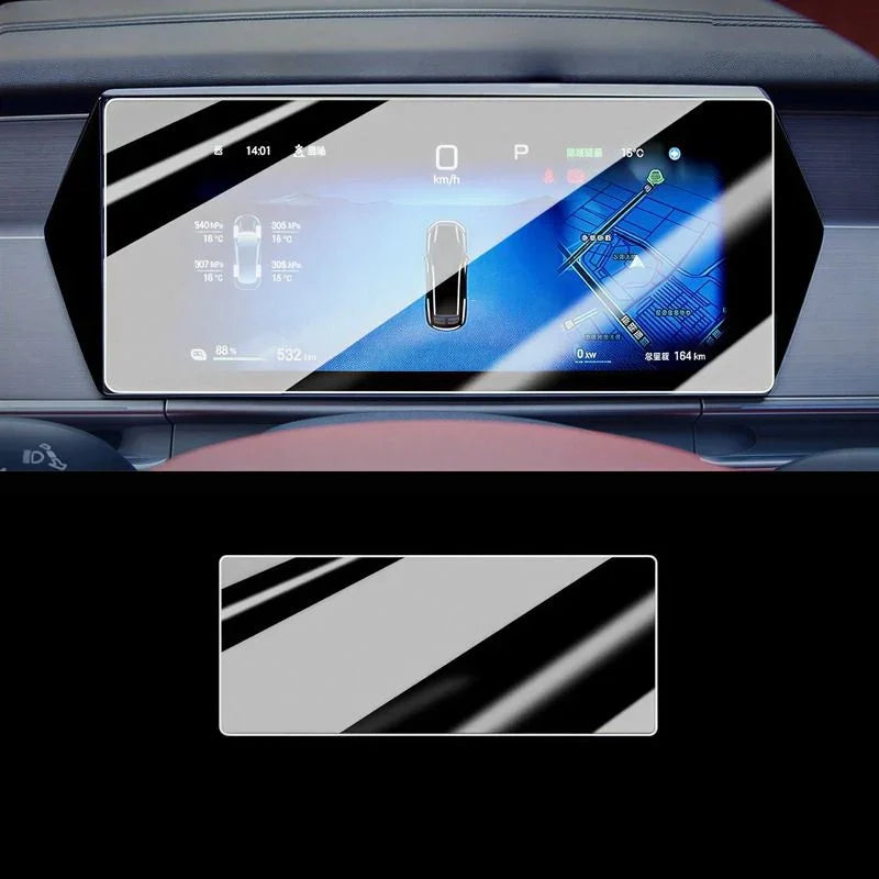 Professional black protective screen film for car dashboard display, high-quality matte finish.