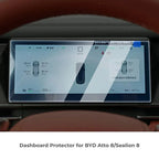 Matte tempered glass dashboard screen protector for BYD Atto 8 and Sealion 8 in clear finish.