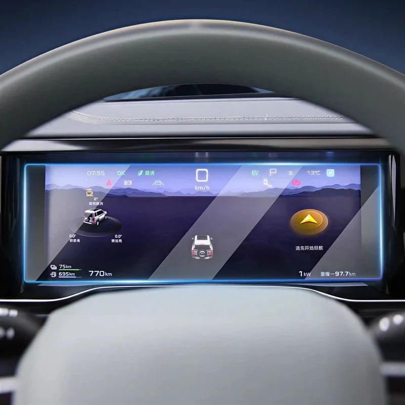 Digital dashboard display with navigation and vehicle data on a sleek car interior screen.